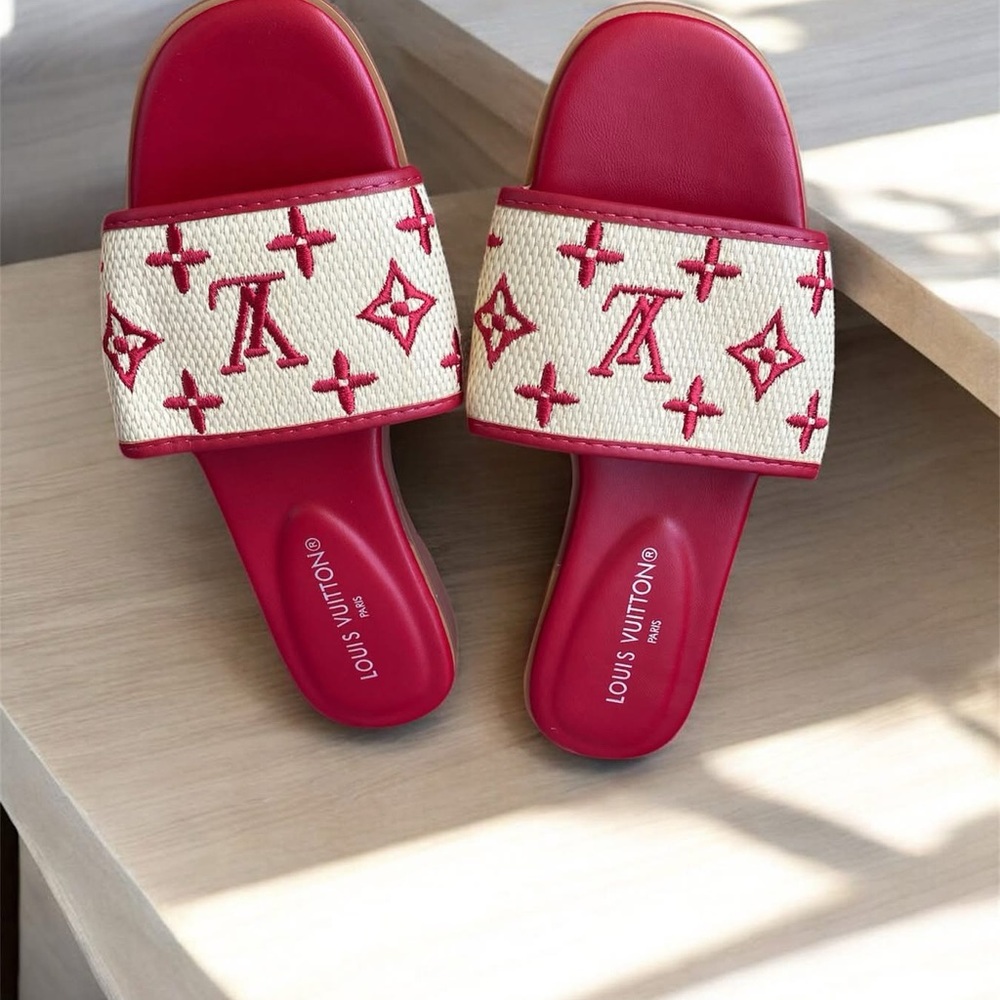Louis Vuitton Red and Cream Slide Sandals - Picture 2 of 2